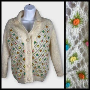 1950s Cream Knitted Crochet Colorful Pom Pom Floral 3D Wool Cardigan Medium